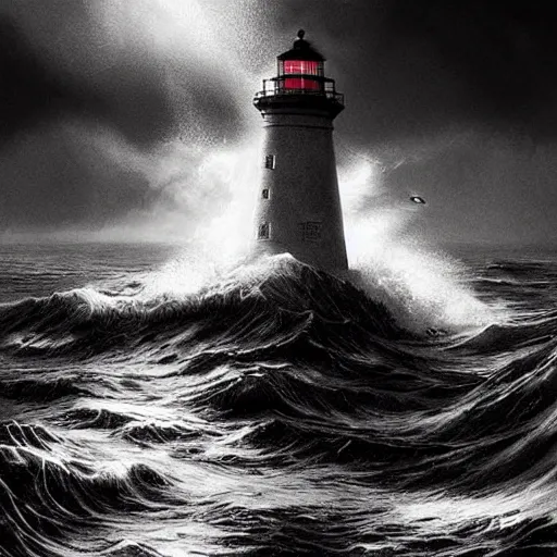 Image similar to lighthouse, ocean, two loons, crashing waves, light, black and white, tattoo art, dramatic lighting, illustration by Greg rutkowski, yoji shinkawa, 4k, digital art, concept art, trending on artstation