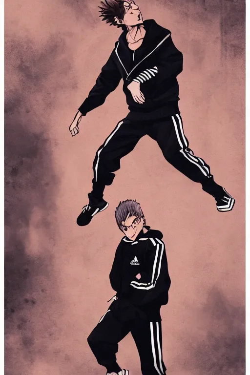 Prompt: young man angry gopnik in black tracksuit, expressive, adidas, style of JoJo's Bizarre Adventures manga