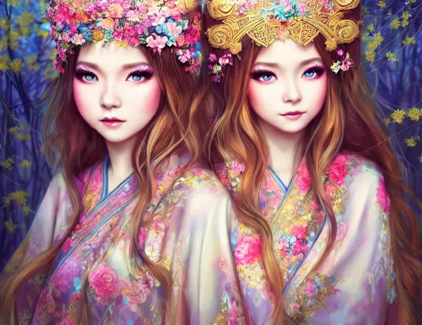 Image similar to two beautiful fashion siberian girls wear fantasy kimono in festival | | big eyes, sunny, dreamlike art, realistic shaded, smile, good looking, hyper details, 4 k realistic, cryengine, realistic shaded lighting poster by artgerm, ross tran, fuji choko, loish, 8 k resolution, trending on artstation, luxury