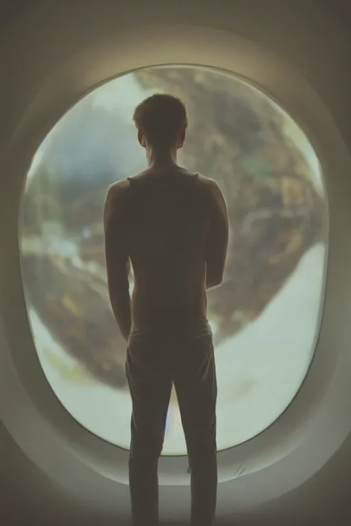 Image similar to kodak portra 1 6 0 photograph of a skinny guy standing in a spaceship, flower crown, back view, view of earth from window, moody lighting, moody vibe, telephoto, 9 0 s vibe, blurry background, tranquil, calm, faded!,