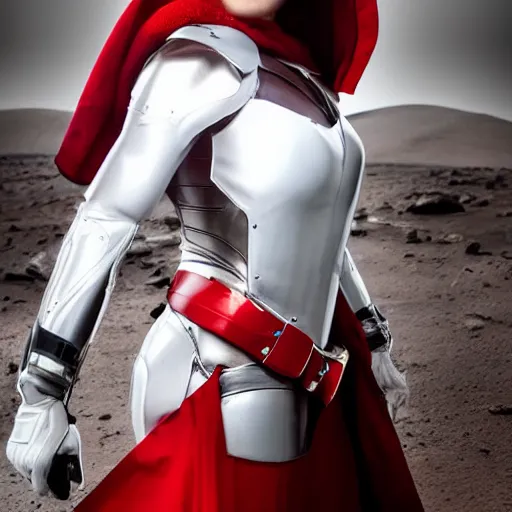 Image similar to headshot of an beautiful female soldier in glossy sleek white armor with tiny red details and a long red cape, downward angle, determined expression, on the surface of mars, night time, dramatic lighting, cinematic, sci-fi, hyperrealistic