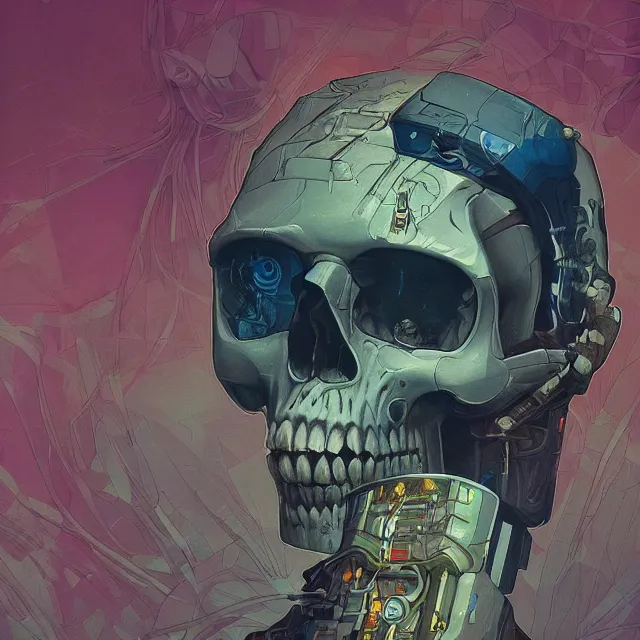 Image similar to a beautiful portrait painting of a ( ( cyberpunk ) ) skull by simon stalenhag and pascal blanche! and alphonse mucha! and nekro. in style of digital art. colorful comic, film noir, symmetry, hyper detailed. octane render. trending on artstation