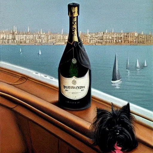 Image similar to a Yorkshire terrier on a yacht wearing a black bow tie holding a bottle of Dom Pérignon, extremely detailed masterpiece, illustration, by Michael Sowa,