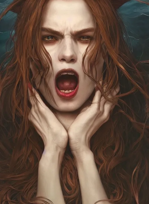 Prompt: vertical portrait of a ruggedly handsome female witch furious screams she wants to live, soft hair, close - up face, leather, witchy, d & d, fantasy, intricate, elegant, highly detailed, digital painting, artstation, concept art, smooth, sharp focus, illustration, art by artgerm and greg rutkowski and alphonse mucha, plain red background