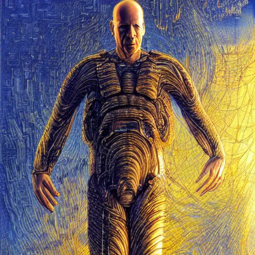 Image similar to bruce willis as a sci - fi alien hunter, hyperdetailed, golden and blue hour, art by peter gric