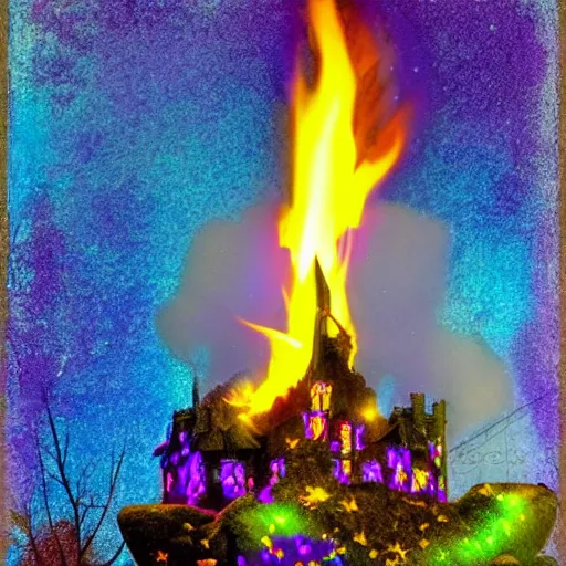 Prompt: purple crystal castle on fire with shooting stars of all colors