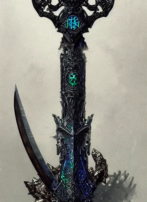 Image similar to legendary sword of technology, intricate black and iridescent blade, ornate gothic baroque spikes, glowing handle, detailed realistic, ray tracing, colored gems, art by greg rutkowski