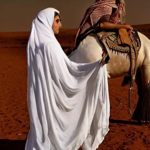 Image similar to beautiful burqa's woman, ride horse in saharan, dress like taliban, sharp eyes, detailed face, white skin, beautiful tatted hands, handling riffle on chest, shooting pose, dust, cinematic, dynamic pose, pinterest