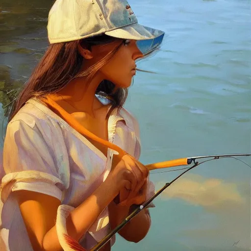 Image similar to oil painting by ilya kuvshinov,, baugh casey, artgerm craig mullins, coby whitmore, of a youthful indian girl, long hair, fishing and wearing fisherman's outfit, fisherman's hat, highly detailed, breathtaking face, studio photography, noon, intense bounced light, water reflection, large tree casting shadow, serine intense sunlight