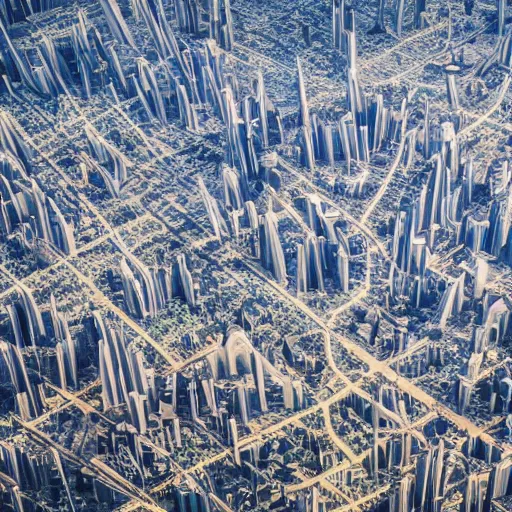 Prompt: a photography closeup of a huge futuristic megacity district looking like branches of an old tree