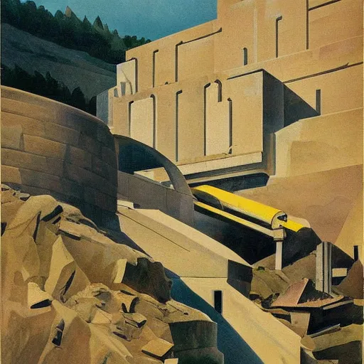 Prompt: stone crushing plant in a quarry, stunning Charles Sheeler painting