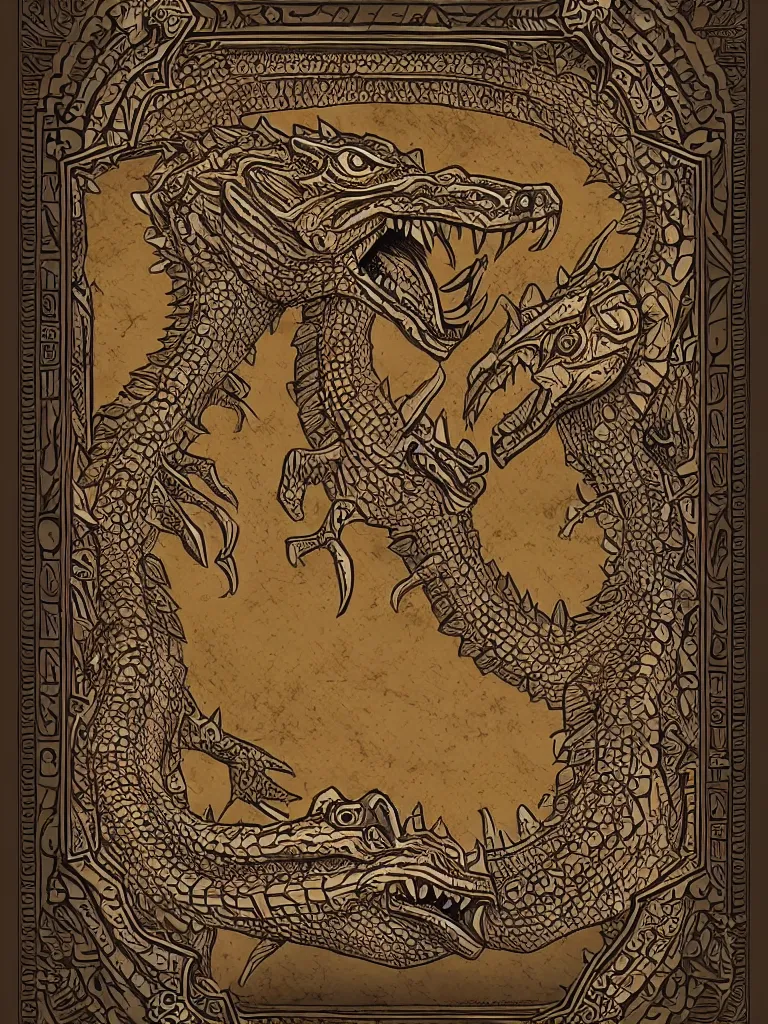 Image similar to aztec book decorative border frame, crocodile reptilian motifs, d & d, fantasy, intricate, elegant, highly detailed, digital painting, artstation, illustration, hearthstone