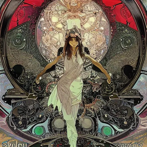 Image similar to alphonse mucha yoji shinkawa moebius jean girard shintaro kago junji ito esoteric hypnogogic ethereal ethereality dreamy combat mech cyberpunk synthwave gustave dore james gurney artstation rutowski artstation deviantart unsplash behance incredible intricate machinery illusionary art and trash polka