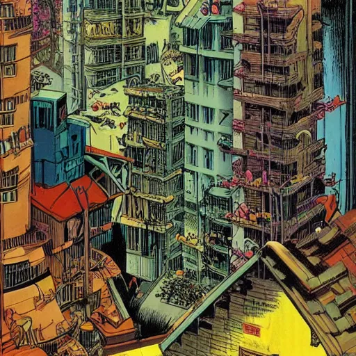 Prompt: biopunk underground bunker, crowded city, small favela-like suburb, gerald brom and andy warhol and steve ditko, 1998