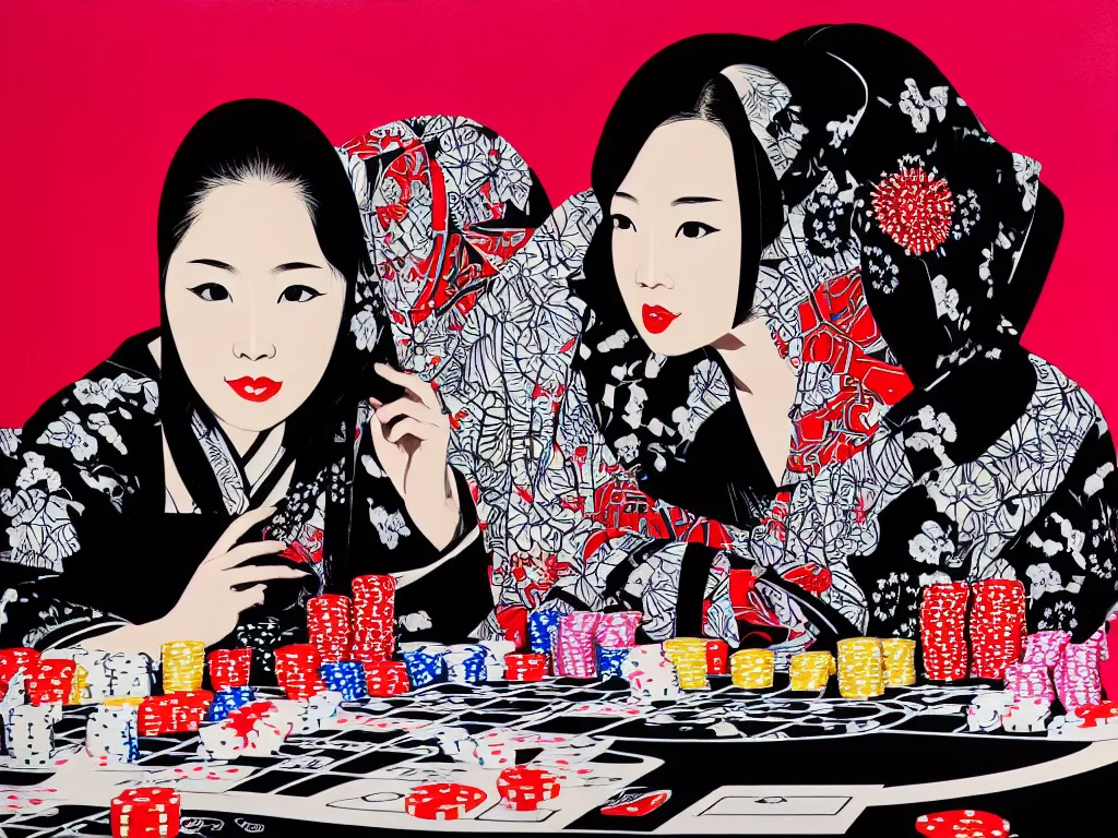 Image similar to hyperrealism composition of the detailed woman in a japanese kimono sitting at an extremely detailed poker table with darth vader, fireworks on the background, pop - art style, jacky tsai style, andy warhol style, acrylic on canvas