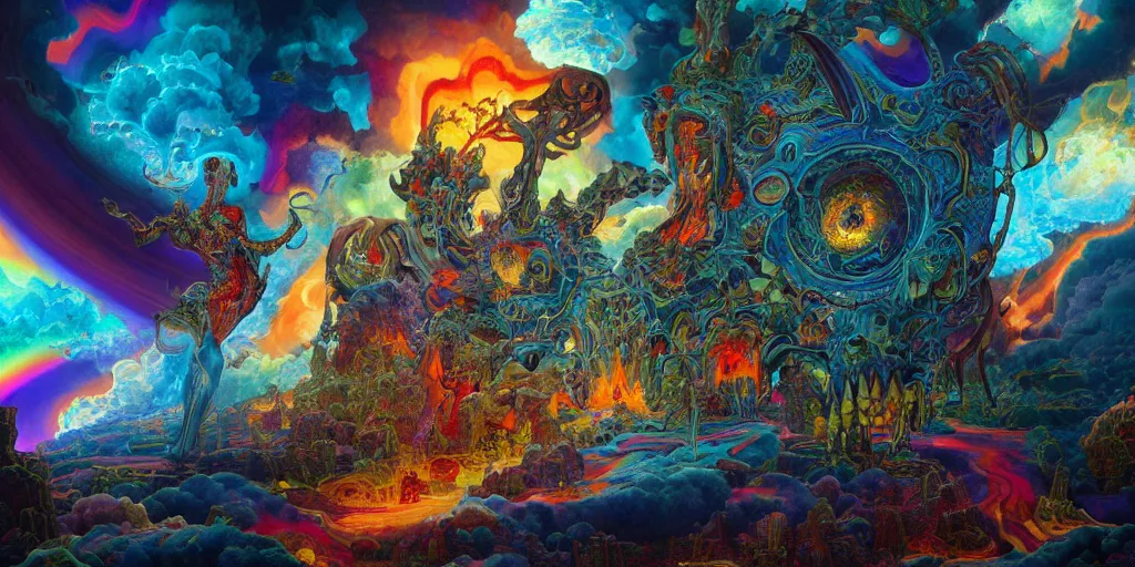 Prompt: gigantic psychedelic demonic cosmic skull of death and fire, outer space, fantasy painting, ultra realistic, dmt, rule of thirds, wide angle, art nouveau, intricate details, digital painting, rainbowshift, vivid colors, highly detailed by peter mohrbacher, h. r. giger, maxfield parrish, craig mullins, octane render, cgi
