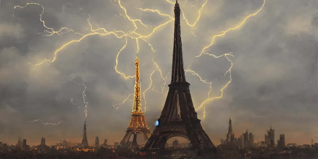 Prompt: lightning striking the Eiffel tower , cinematic lighting, detailed oil painting, hyperrealistic, 8k