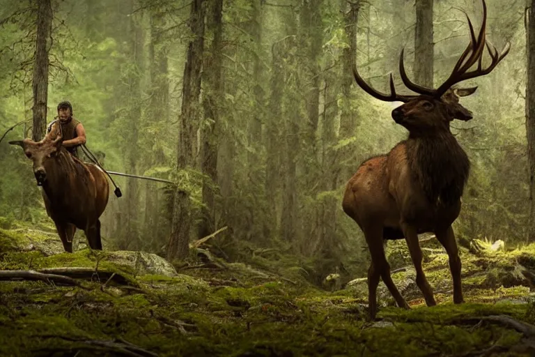 Image similar to vfx movie closeup detailed ancient warrior hunting elk in the forest, natural lighting by emmanuel lubezki