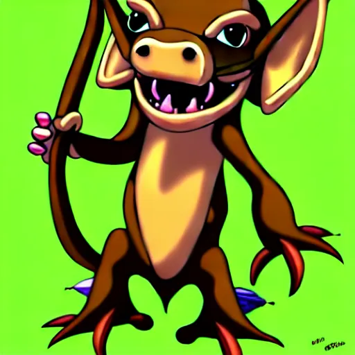 Image similar to Cute Kobold wearing caveman clothes at a beach, digital art