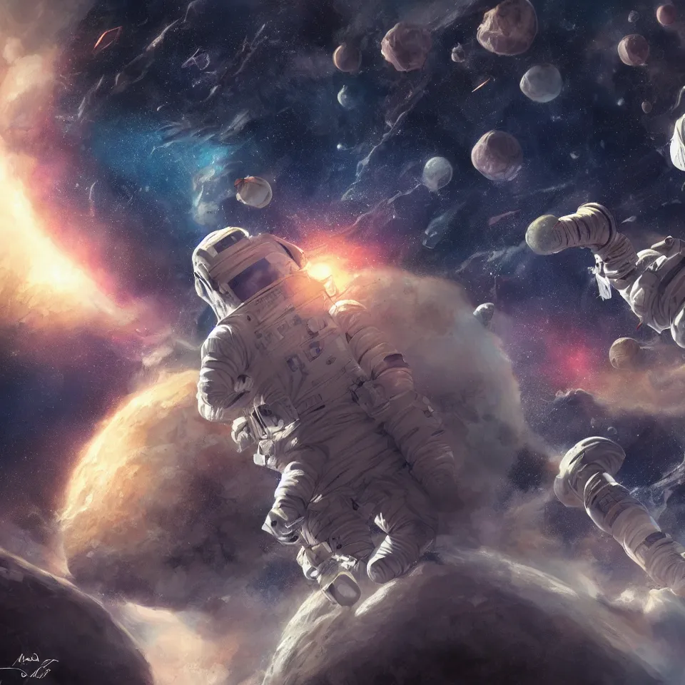 Image similar to astronaut on the edge of the world 🌎 planets and galaxy in the sky, digital art, concept art, fantasy art, highly detailed, HD wallpaper, artstation, Deviantart, abeyance