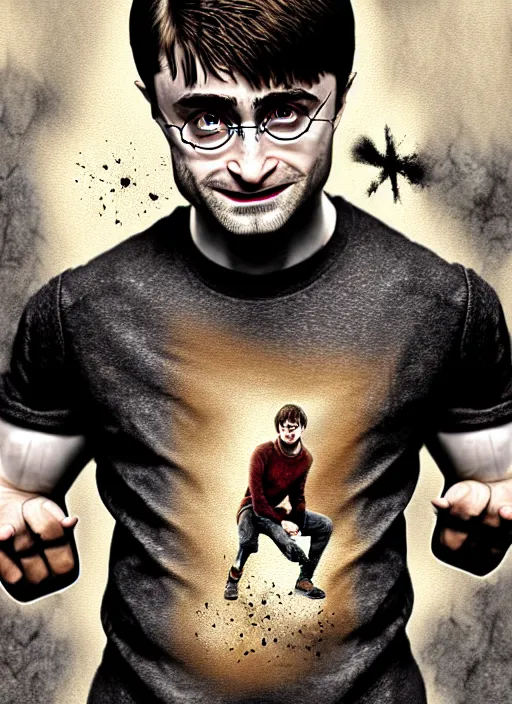 Prompt: a highly detailed portrait of Daniel Radcliffe as Harry Potter doing barbell back squats, wearing a muscle tee shirt, intricate detail, digital painting, old english, raining, sepia, particles floating, whimsical background by marc simonetti, artwork by ross tran + ramond swanland + liam wong