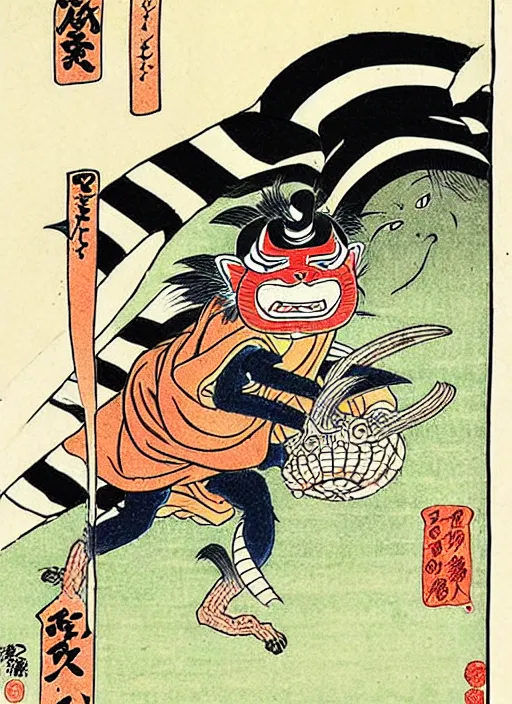 Image similar to stripe the gremlin as a yokai illustrated by kawanabe kyosai and toriyama sekien