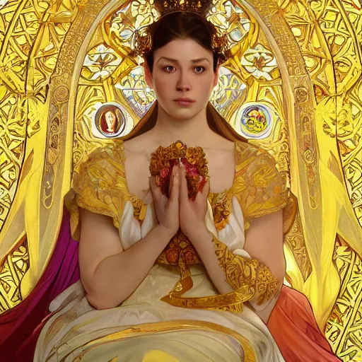 Prompt: condescension of a proud queen to a servant kneeling before her, yellow eyes, sitting in a chair while posing for a photo, highly detailed, digital painting, artstation, concept art, smooth, sharp focus, illustration, art by artgerm and alphonse mucha, high definition digital art, in the style of ilya kuvshinov and Ross tran