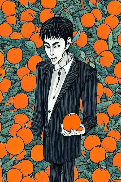 Image similar to junji ito illustration of a businessman with an orange fruit for a head