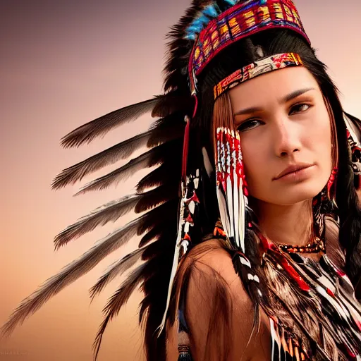 Prompt: a beautiful portrait of a native american woman with ornate clothing and beautiful fully rendered pretty face, dusk, cinematic, high resolution