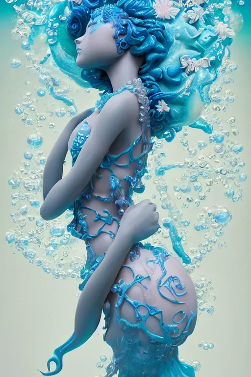 Prompt: epic 3 d yemaya, caring goddess, liquid fish and flowers spinning, 2 0 mm, with cerulean and white foam, melting smoothly into asymmetrical bubbles and flowers, liquid, delicate, intricate, houdini sidefx, trending on artstation, by jeremy mann and ilya kuvshinov, jamie hewlett and ayami kojima