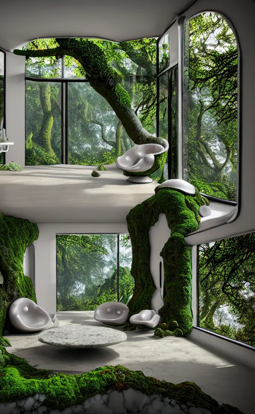 Image similar to highly detailed villa natural beautiful light interior soft cinematic composition of a smooth ceramic porcelain biomorphic magnolia stone nebula fluid sci - fi surreal colorful architecture landscape, furniture, granite, trees, marble, moss, lichen, fungi, vincent callebaut composition, mamou - mani, archviz, 8 k, unreal engine, hdr