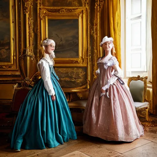 Prompt: two young attractive beautiful scandinavian women wearing an 1 8 th century dress in versailles, cinematic, 8 k hdr, detailed, hyperrealistic