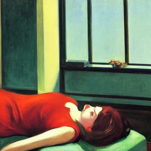 Image similar to Sigmund freud lying on the couch in a therapy room by Edward Hopper, evening light, light coming through the window