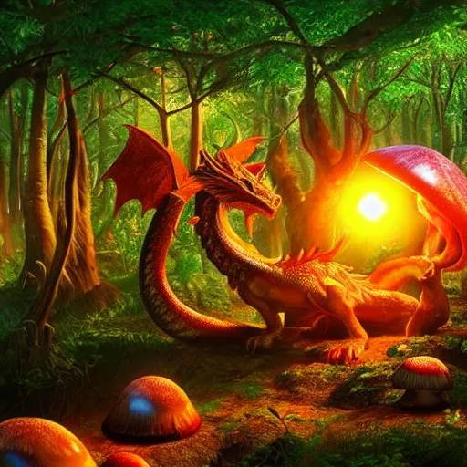 Image similar to dragon in a bright glowing mushroom forest uhd ultra realistic ray traced 4 k highly detailed sharp lines dramatic lighting artstation trending