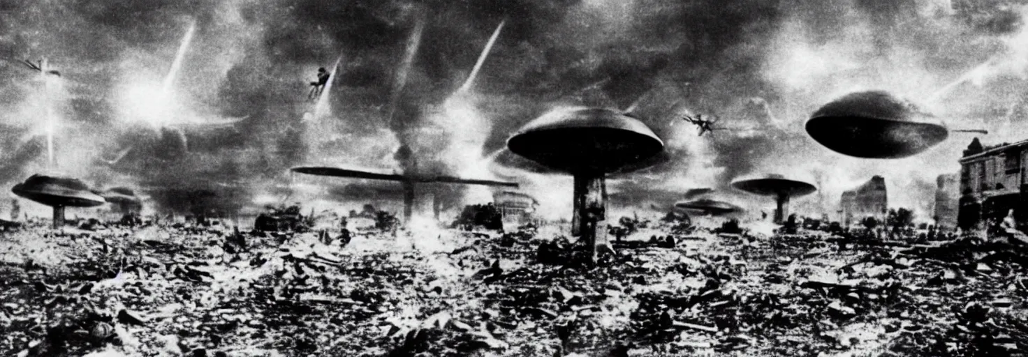 Image similar to Invasion of an alien life form in Germany, black and white photography, World War II, destruction, ufo, flying saucers, laser weapons, outerspace, technology