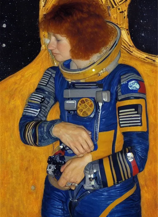 Image similar to woman astronaut in profile, holding a sword, painting by gustav klimt, detailed, ambient lighting, photo realistic, 8 k