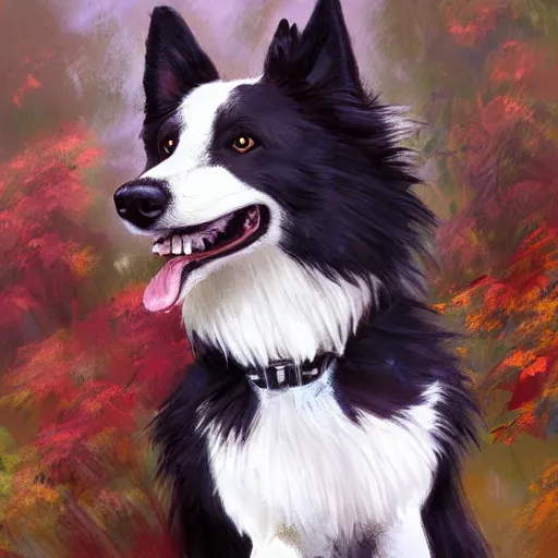 Image similar to portrait of a cute anthro male anthropomorphic border collie fursona wearing a suit in a sunny glade. by henry asencio, jon foster, and ross tran. scenic background, highly detailed, concept art, furry, glamor pose, elegant, aesthetic, beautiful, trending on artstation, top rated on furaffinity and deviantart