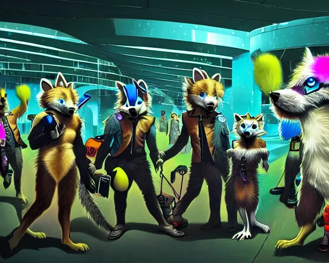 Image similar to high - resolution photograph from a raypunk era furry fandom convention ( midwest furfest 2 0 4 7 ), taking place after the genetic revolution and singularity. photorealistic.