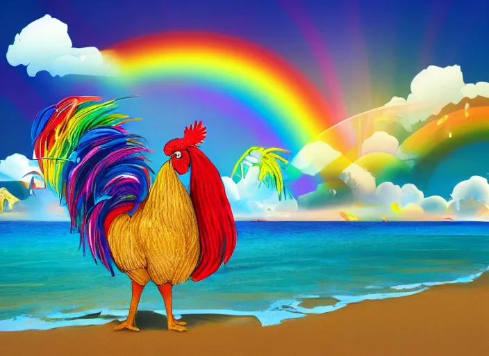 Image similar to A rooster wearing a fedora, standing on top of a unicorn at the beach, with rainbow in the sky