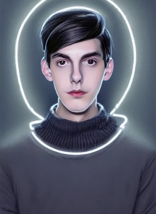 Image similar to portrait of teenage jughead jones wearing a light grey crown, crown, blue turtleneck, 1 9 5 0 s, closed eyes, photorealistic, black hair, glowing lighting, intricate, elegant, glowing lights, highly detailed, digital painting, artstation, concept art, smooth, sharp focus, illustration, art by wlop, mars ravelo and greg rutkowski