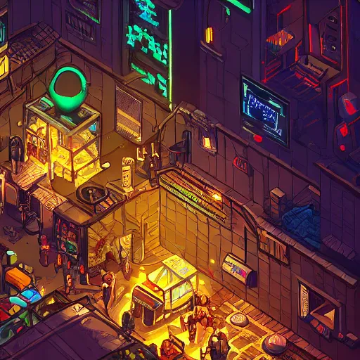 Prompt: fantastic lighting, pixel art, high detail, cyberpunk market, 2 d