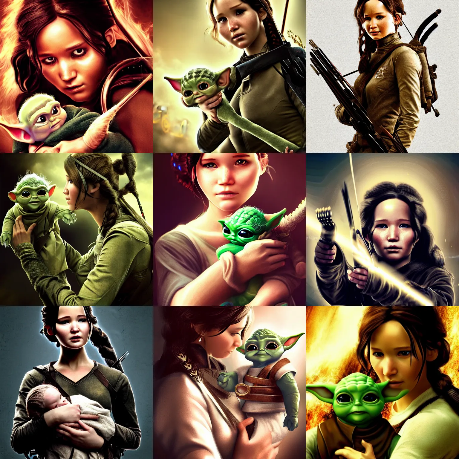 Prompt: Katniss Everdeen holding Baby Yoda, digital art, intricate, sharp focus, cinematic, epic, artstation