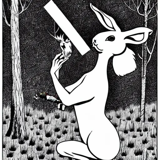 Image similar to an epic profile of a rabbit smoking a cigarette deep in the forest, striking pose, black and white illustration, creative design by junji ito