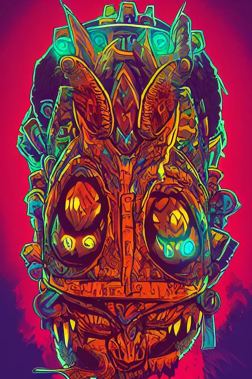 Image similar to totem animal tribal chaman vodoo mask feather gemstone plant wood rock video game illustration vivid color borderlands by josan gonzales and dan mumford radiating a glowing aura