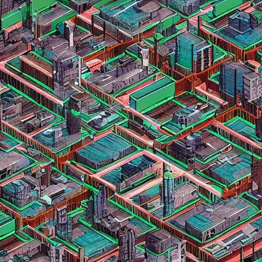 Prompt: Post-apocalyptic Cybercity. Aerial view. Isometric. detailed textured illustration by Moebius and Marc Simonetti. cluttered building apartments, electrical wires madness, grainy textures Vray, Depth of field