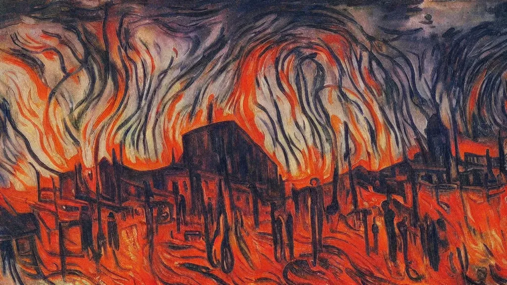 Prompt: a burning town, tragic painting by edvard munch