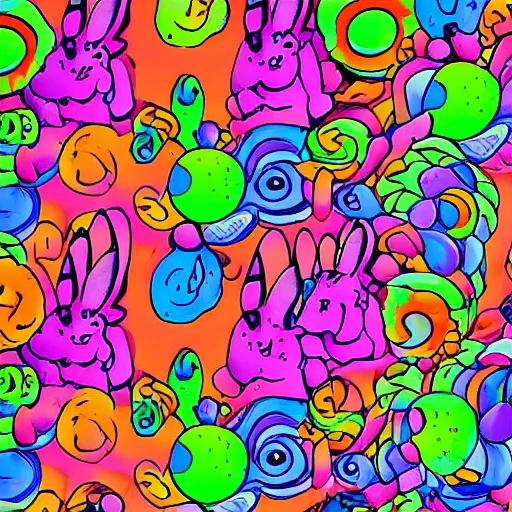 Prompt: dreamy trippy droopy acid swirls acid shroom trip cotton candy palace gumdrop button rainforest candy bunny rabbits multicolored fur traveling through lush wild flowers searching for immortality and bunny god highly detailed