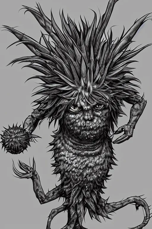 Prompt: a humanoid thistle monster, highly detailed, digital art, sharp focus, trending on art station, plant, anime art style