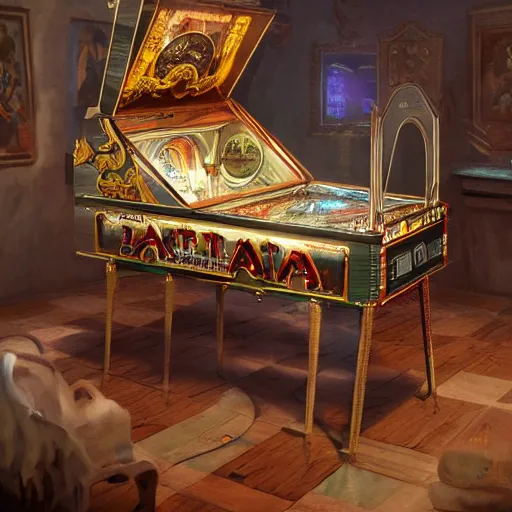 Image similar to a baroque pinball machine, realistic, artstation, mate painting, cinematic lighting