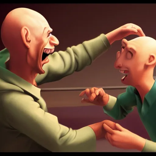 Image similar to bald man slapping another man in a hat in the face. Well composed, detailed, pixar concept art by Mike Altman and Pozuka Demisu